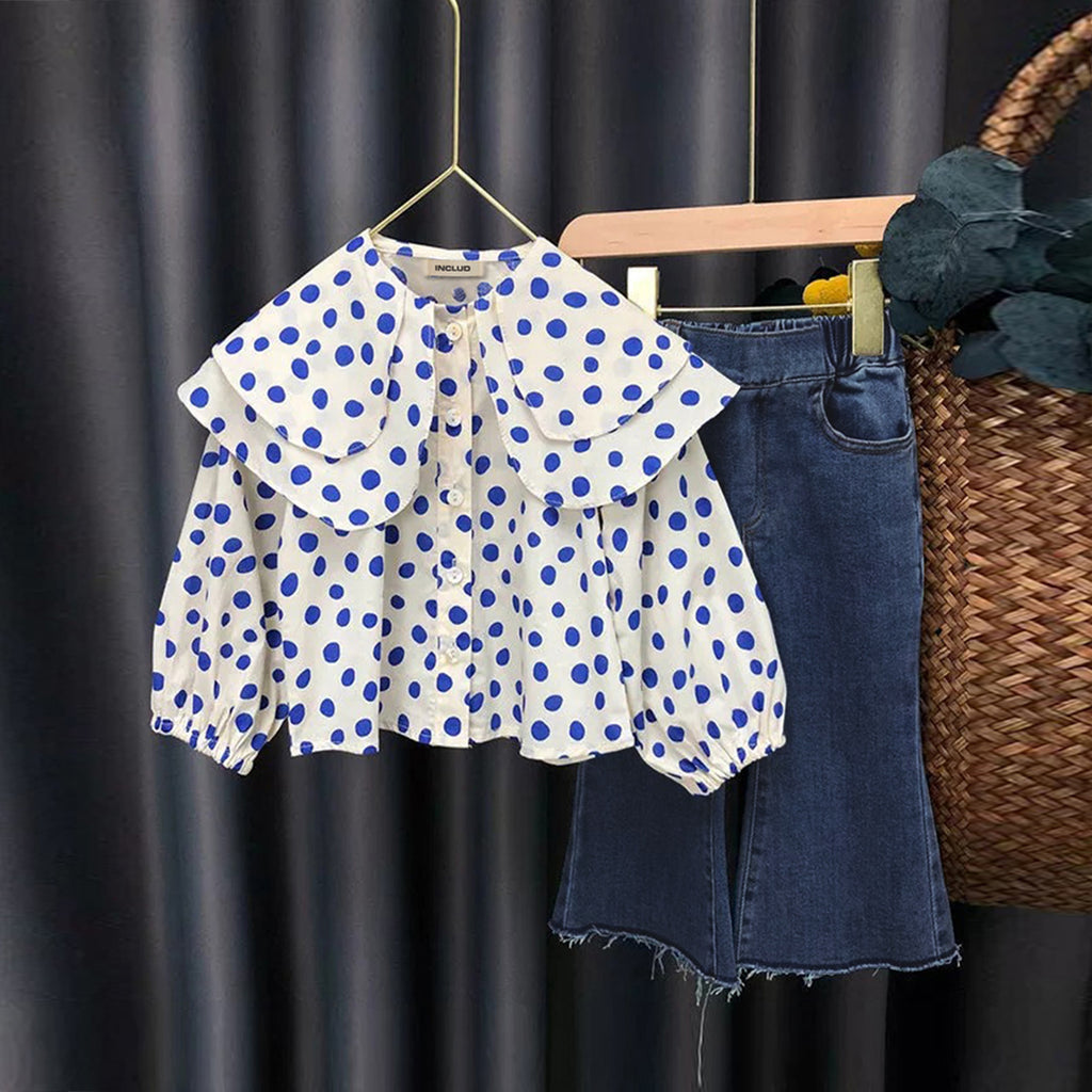 Girls Long Sleeve Polka Dots Print Top With Denim Pants Sets Blue 2-3 Y