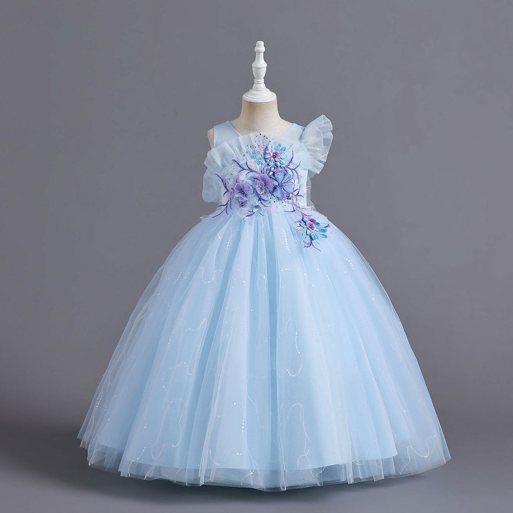 Girls Flower Applique Embellished Party Wear Dress Party Dresses Light Blue 4-5 Y
