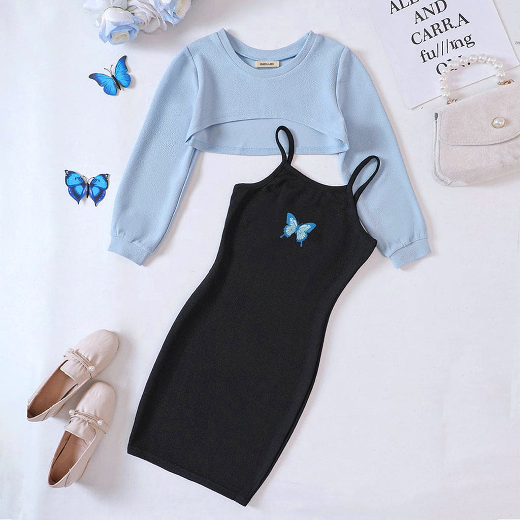 Girls Bodycon Dress with Blue Crop Top Casual Dresses Blue 5-6 Y