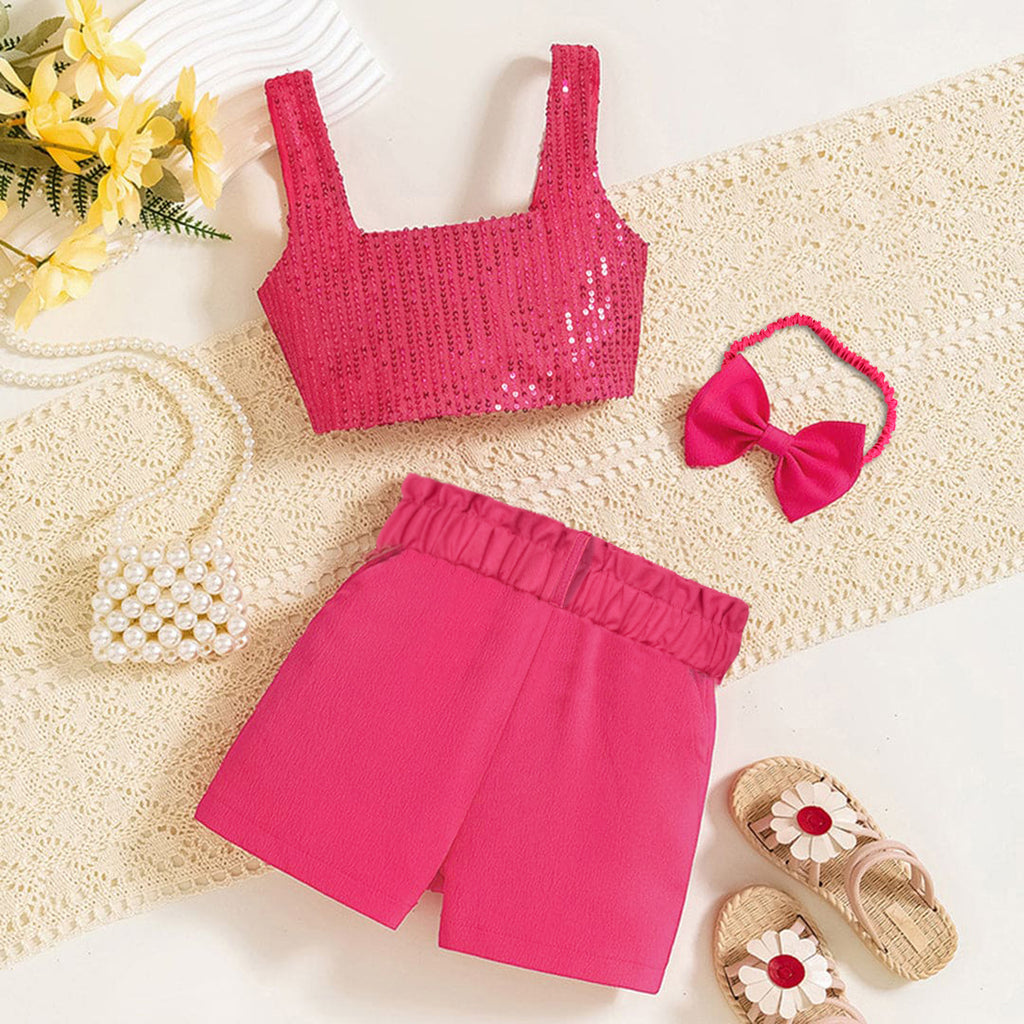 Girls Sequins Sleeveless Top With Shorts & Belt Set Sets Red 1-2 Y