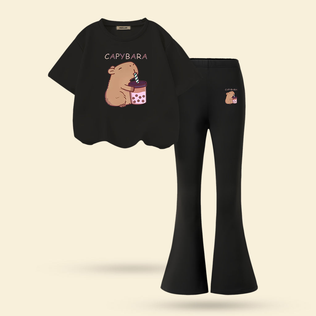 Girls Black Hamster Print T-shirt with Black Flared Pants Set Sets Black 7-8 Y