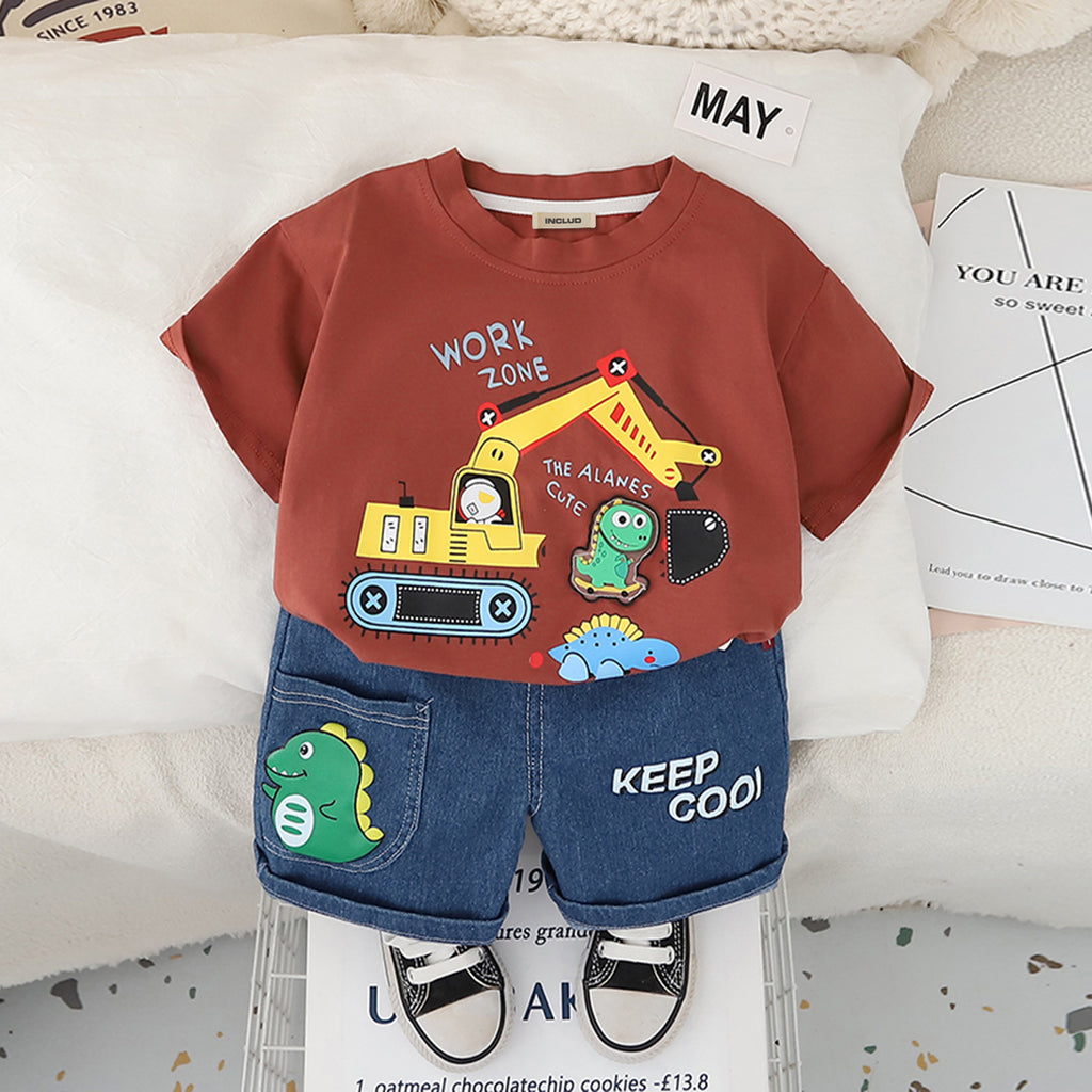 Boys Red Excavator Printed T-Shirt With Denim Shorts Set 2 pc. Sets Red 1-2 Y