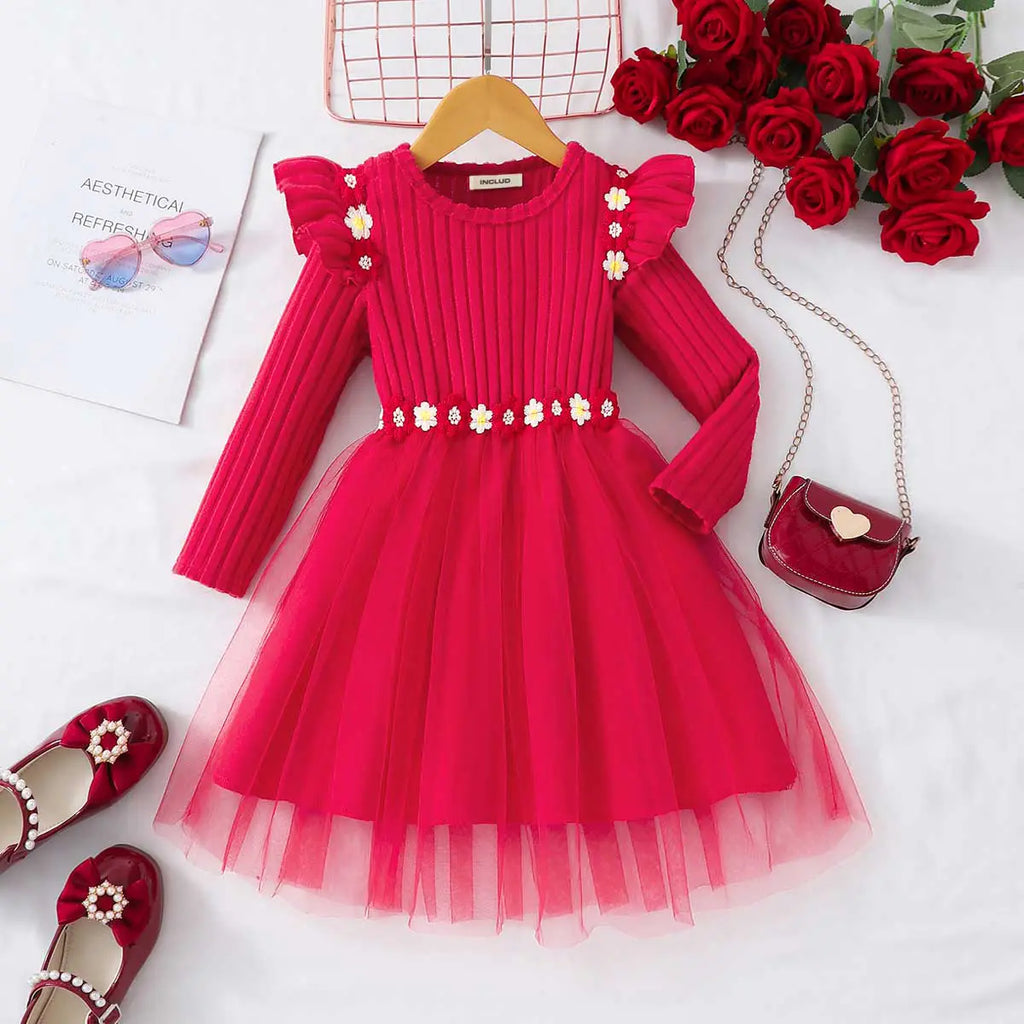 Girls Red Self-Design Stripe Tulle Overlay SKirt Fit & Flare Dress Casual Dresses Red 3-4 Y