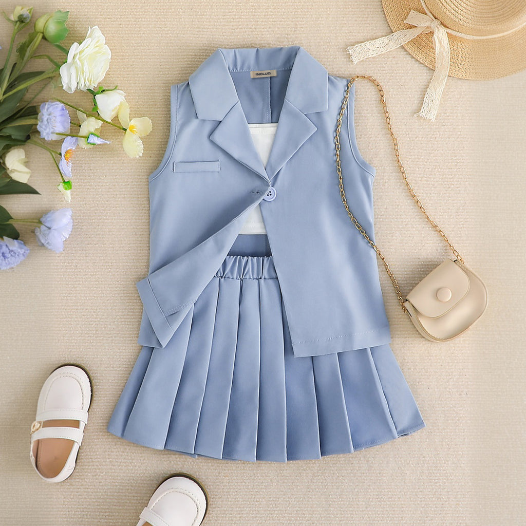 Girls Grey Sleeveless Jacket With Pleated Skirts Set 2 pc. Sets