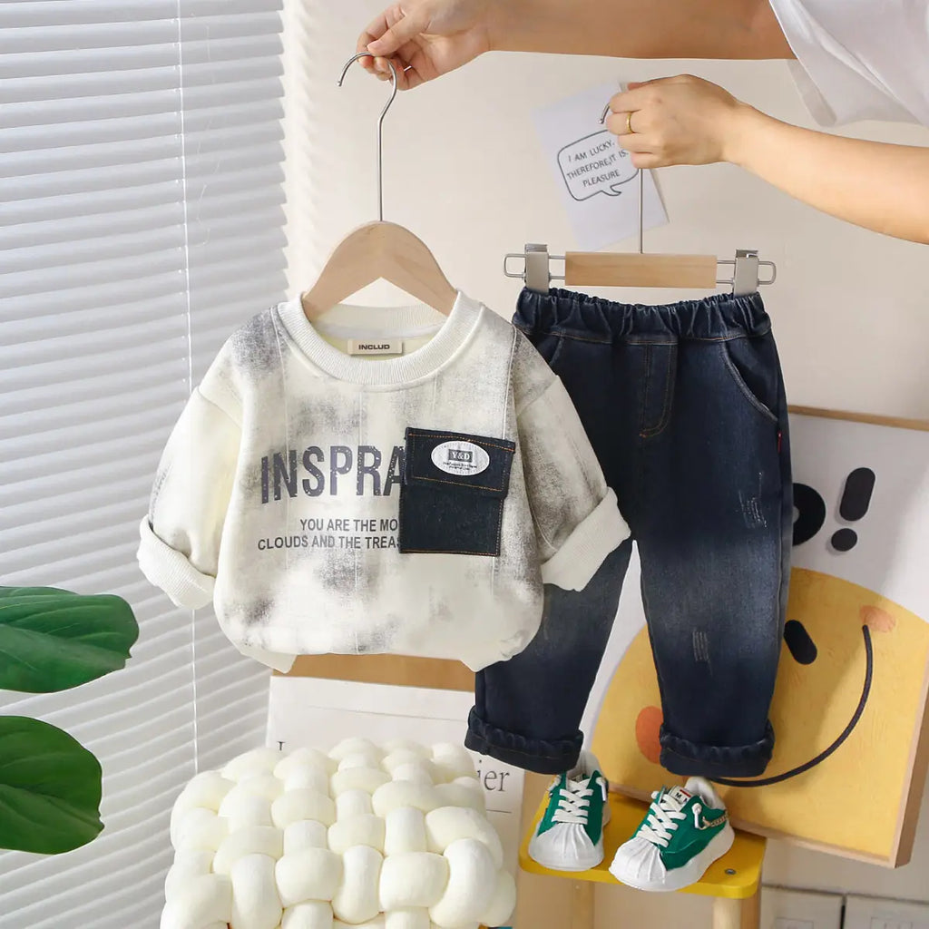 Boys White Typographic Regular Sweatshirt With Denim Trouser Sets 2 pc. Sets White 1-2 Y