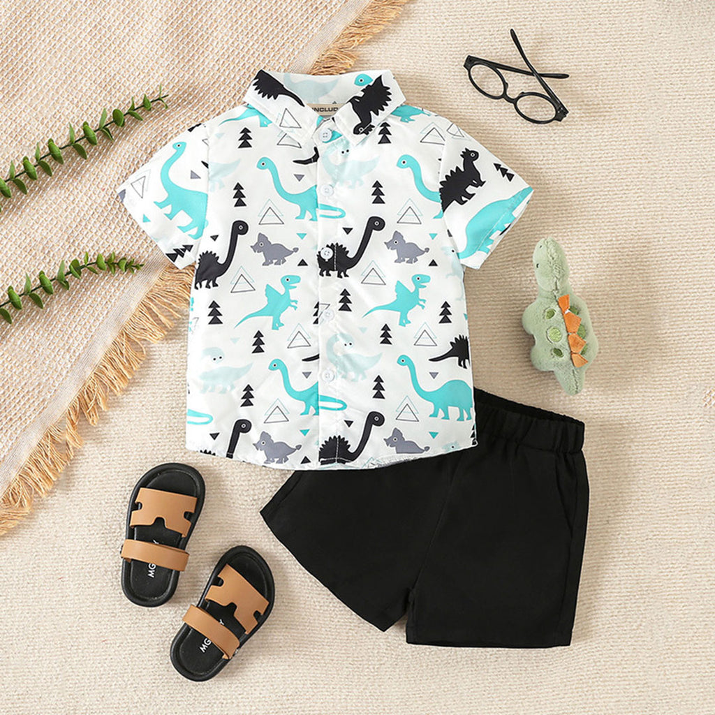 Boys White Dinosaur Printed Short Sleeve Shirt With Elasticated Shorts Set 2 pc. Sets White 2-3 Y