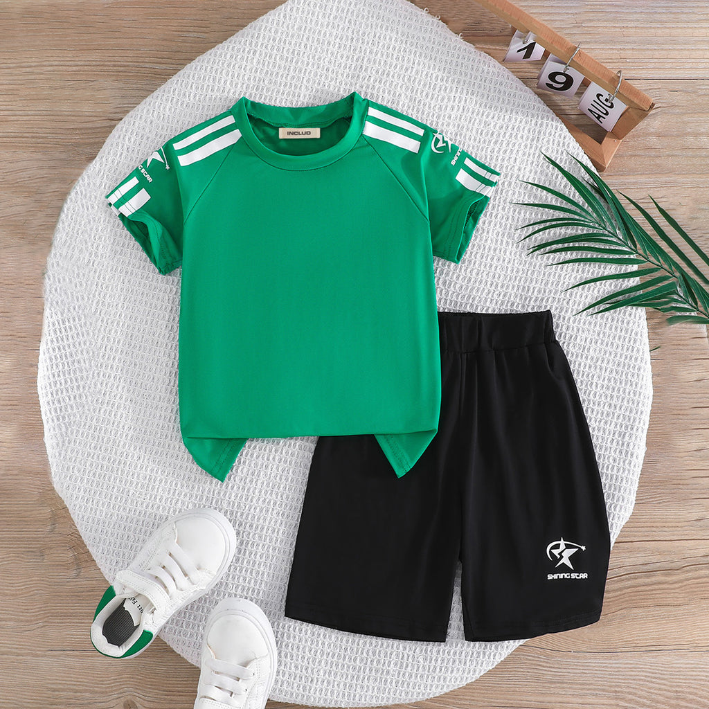 Boys Green Striped Raglan Sleeves T-Shirt With Shorts Set 2 pc. Sets Green 2-3 Y