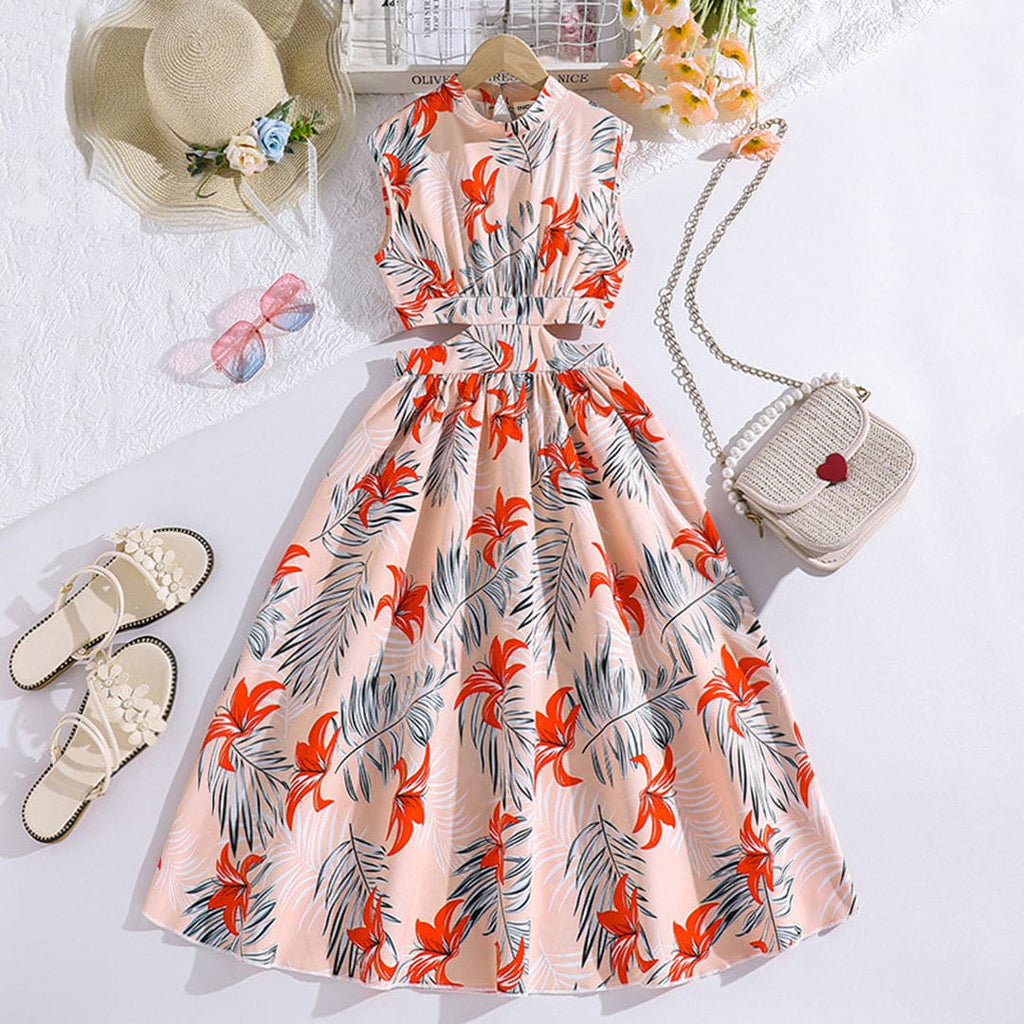 Girls Floral Print Sleeveless Ankle Length Dress Casual Dresses Red 7-8 Y 