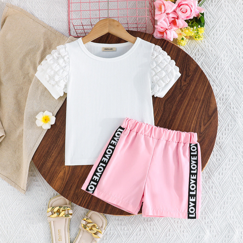 Girls White Short Sleeves Round Neck Top With Shorts Set 2 pc. Sets White 3-4 Y