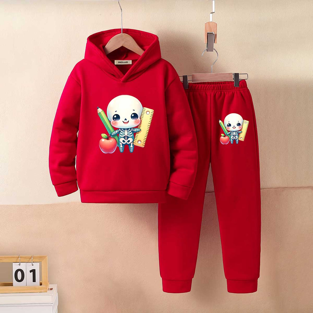 Girls Red Skeleton Cartoon Printed Hooded Sweatshirt With Jogger Co-ord Sets 2 pc. Sets Red 5-6 Y