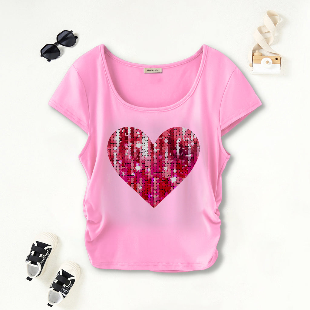 Girls Light Pink Heart Sequence Short Sleeves Scoop Neck T-Shirt Tshirts Light Pink 7-8 Y