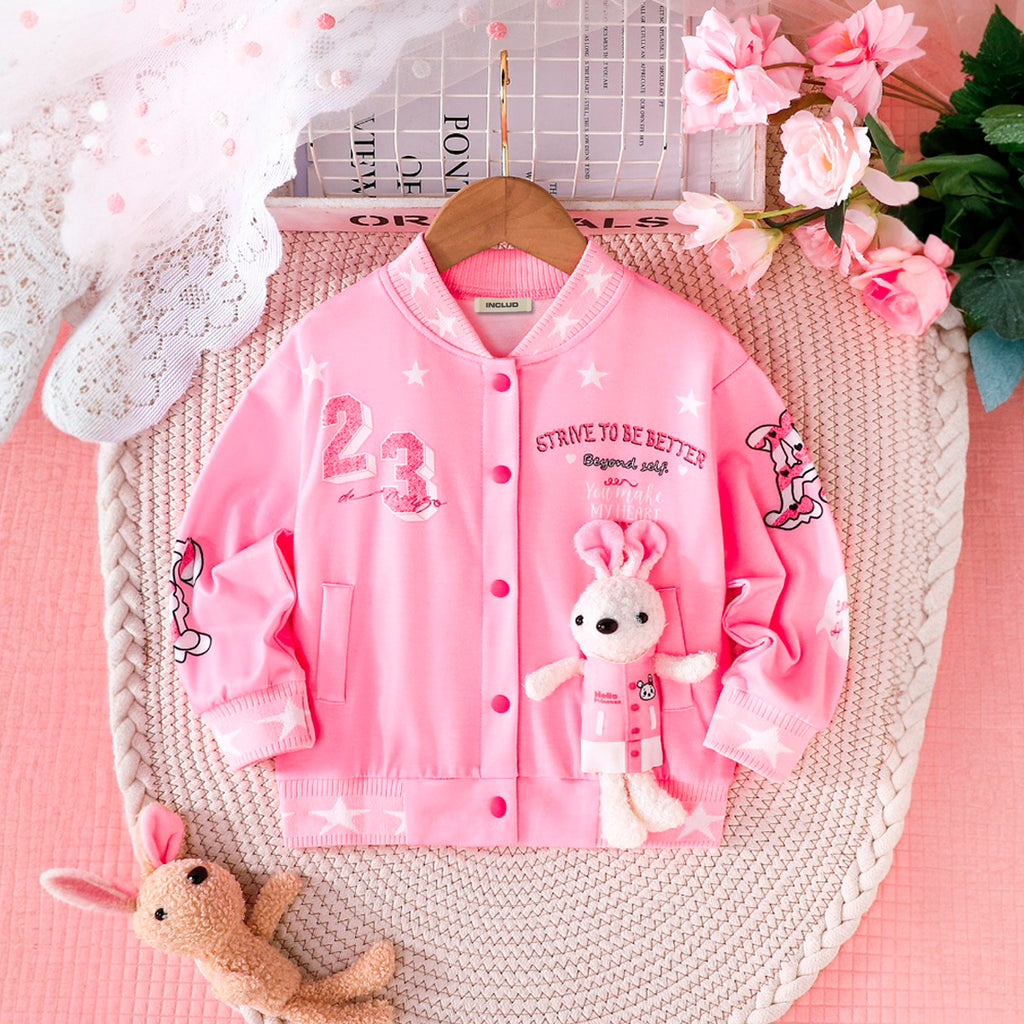 Girls Pink Alphanumeric Printed Front Open Jacket Coats & Jackets Pink 3-4 Y