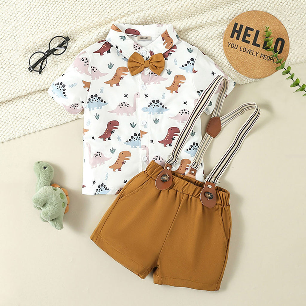 Boys Brown Dinosaur Printed Shirt With Suspender Shorts Set 2 pc. Sets Brown 1-2 Y
