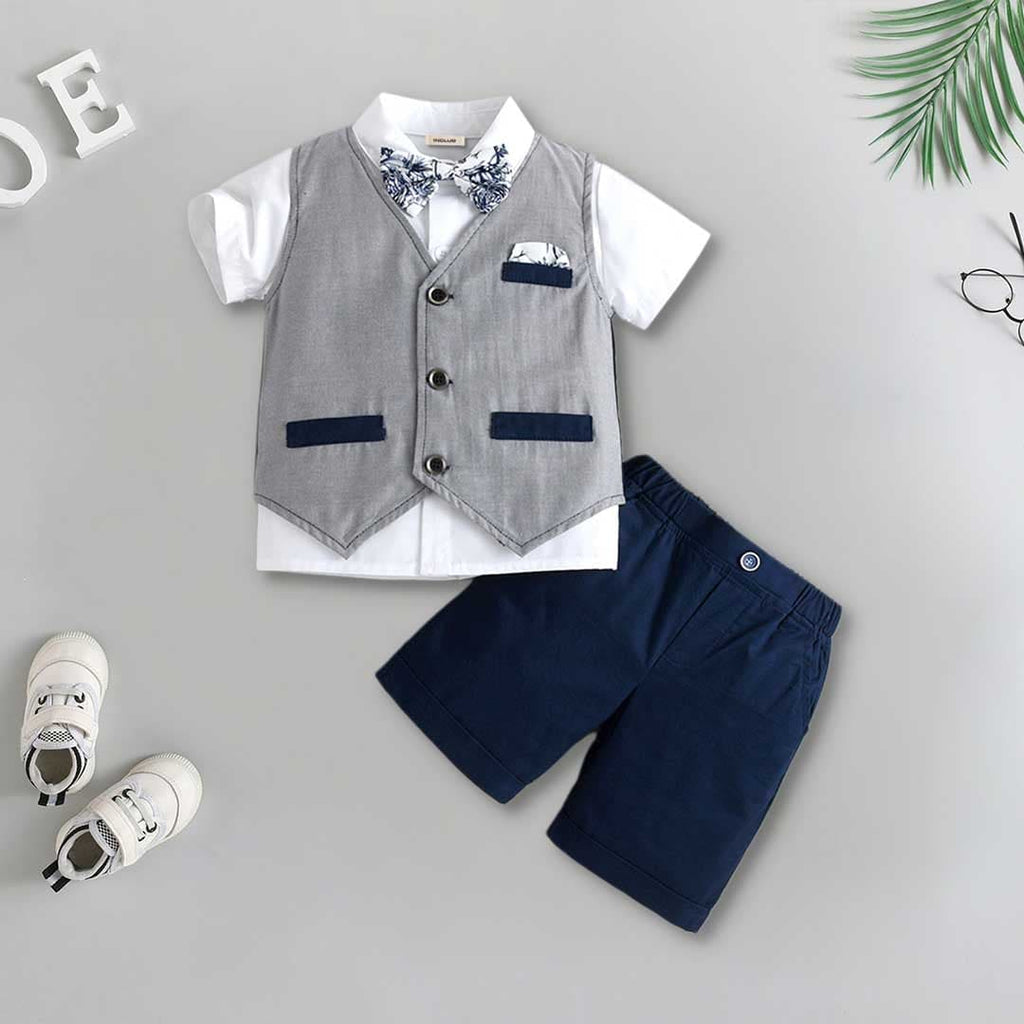 Boys Sleeveless Waistcoat With Shirt & Shorts Set 3 pc. Sets Grey 1-2 Y 