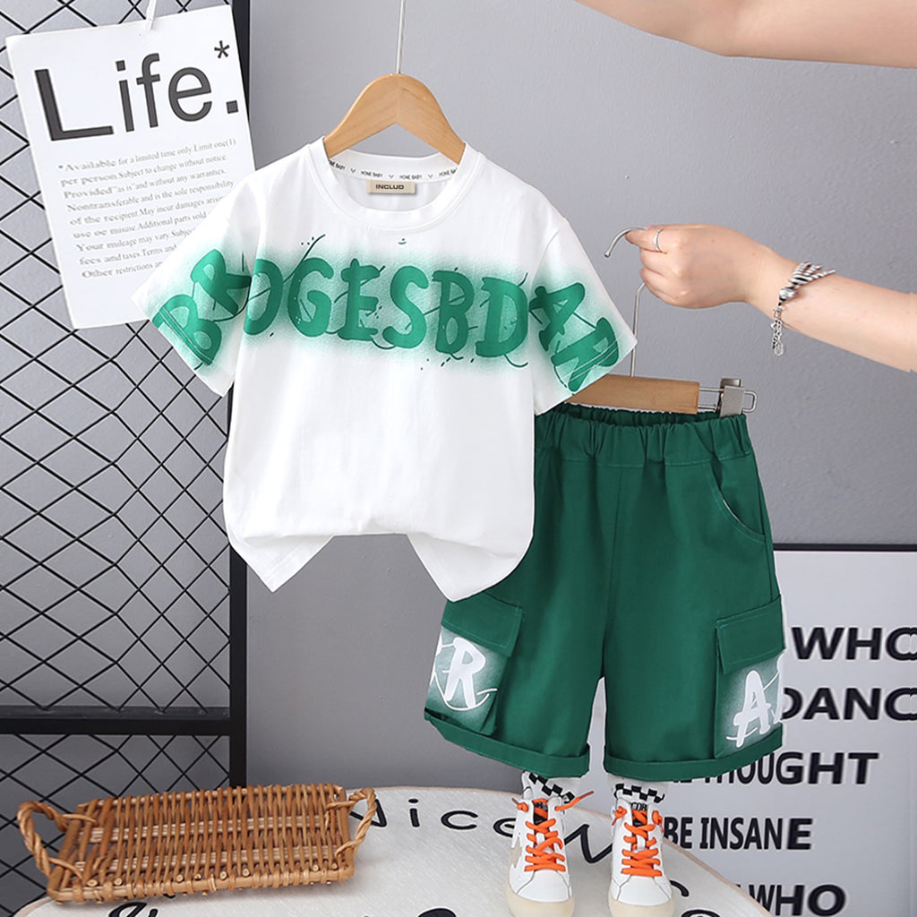 Boys Green Typographic Printed Short Sleeves T-Shirt With Cargo Shorts Set 2 pc. Sets Green 2-3 Y