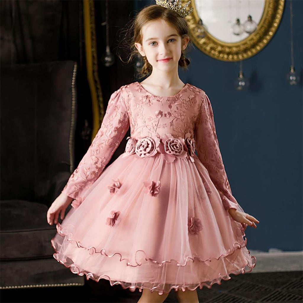 Girls Embroidered Knee Length Tutu Dress Party Dresses Light Pink 4-5 Y