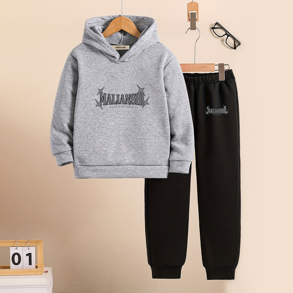 Boys Grey Printed Hooded Sweatshirt with Joggers Set Sets Grey 5-6 Y
