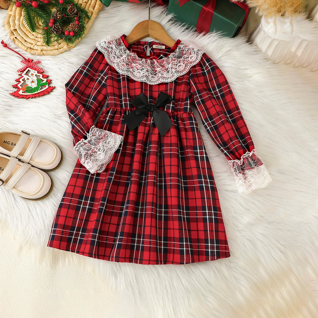 Girls Red Long Sleeve Checked Fit & Flare Winter Casual Dresses Casual Dresses Red 3-4 Y