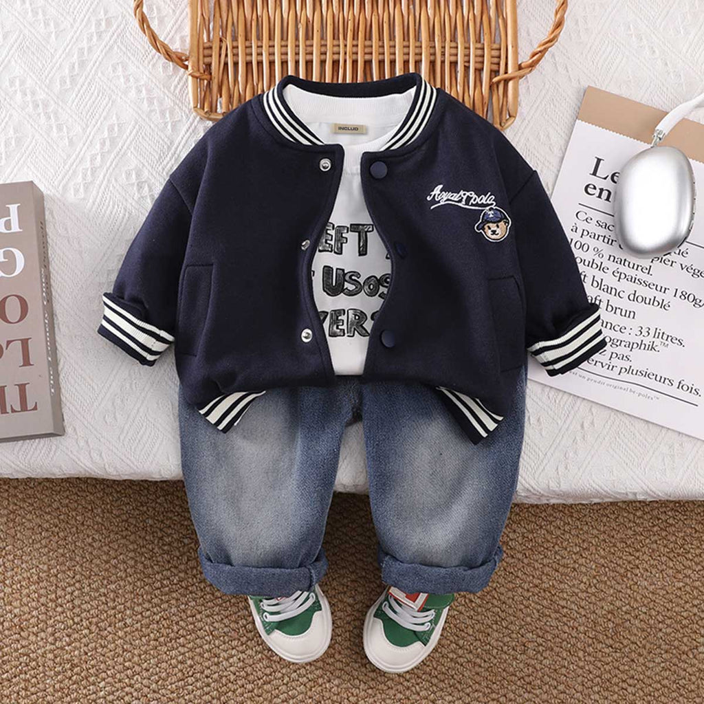 Boys Printed T-shirt with Navy Blue Varsity Jacket & Jeans Set Sets Navy Blue 1-2 Y
