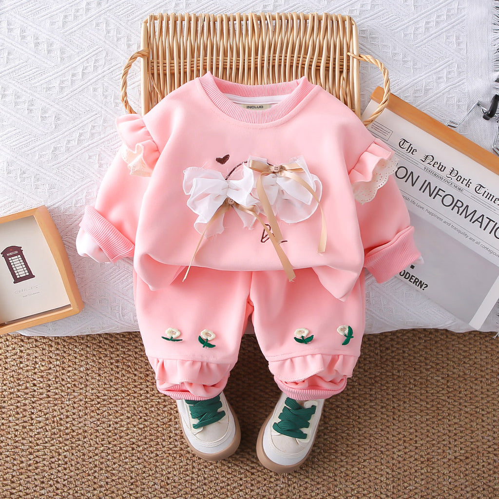 Girls Pink Sweatshirt with Front Bows & Joggers Set Sets Pink 1-2 Y