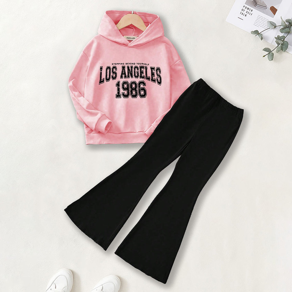 Girls Light Pink Alphanumeric Printed Hooded Sweatshirt With Pants sets 2 pc. Sets Light Pink 7-8 Y