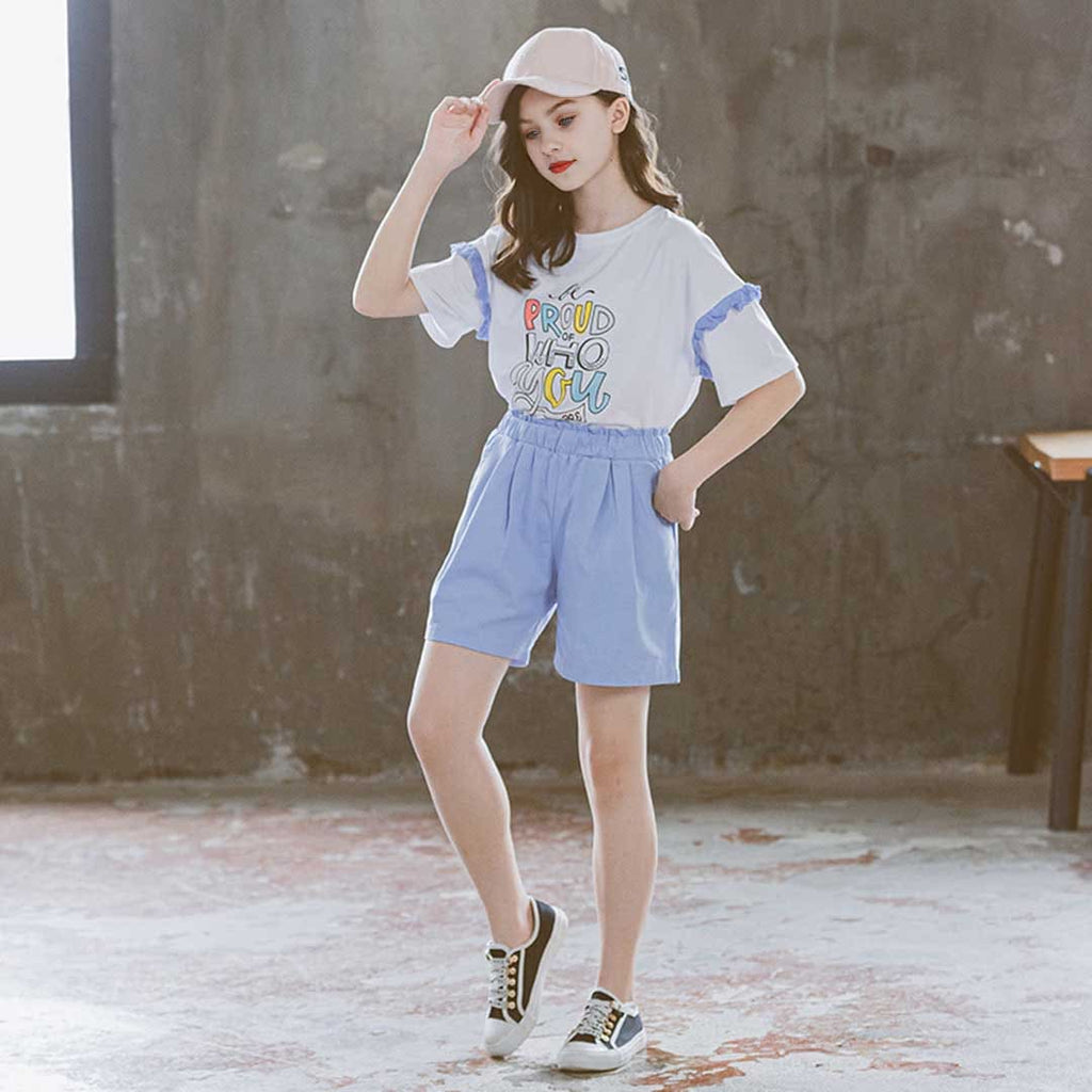 Girls Short Sleeve Alphabet Print T-Shirt With Shorts Set 2 pc. Sets Light Blue 3-4 Y 