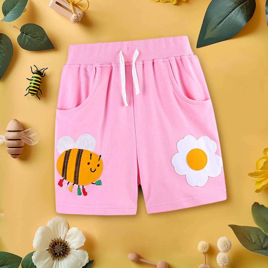 Girls Rib Waist Embroidery Appliqué Shorts Shorts Pink 1-2 Y 