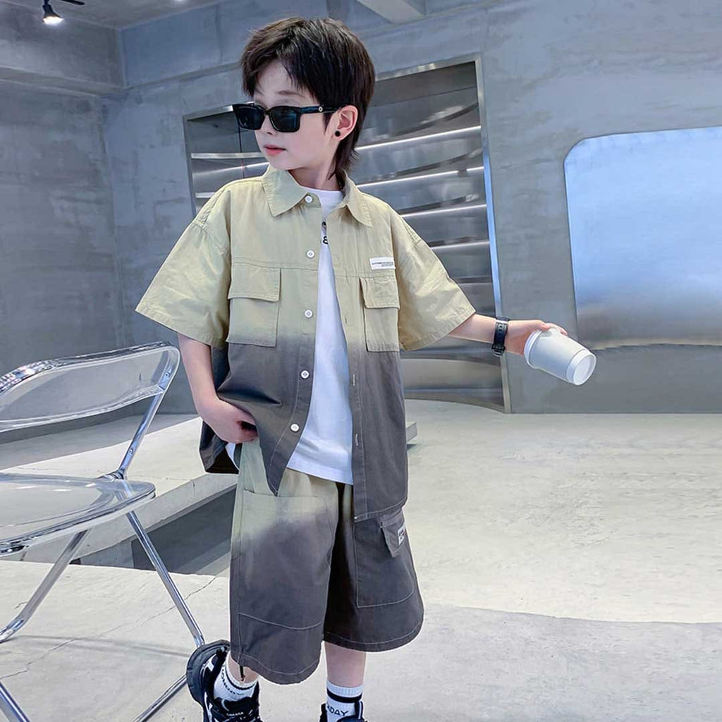 Boys Double Pocket Dip Dye Shirt With Shorts Set 2 pc. Sets Khaki 3-4 Y 