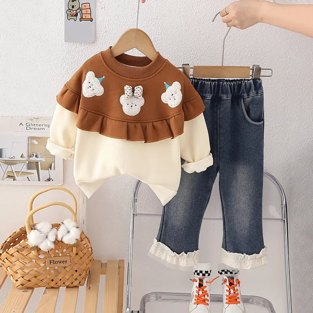 Girls Off White Applique Regular Sweatshirt With Denim Trousers Sets 2 pc. Sets Off White 1-2 Y