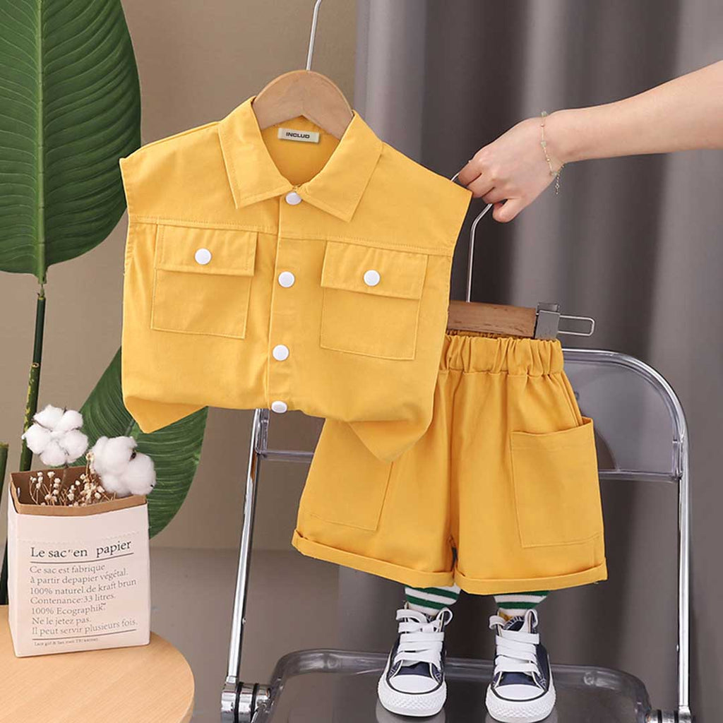 Boys Sleeveless Double Pocket Shirt With Shorts Set 2 pc. Sets Yellow 1-2 Y 
