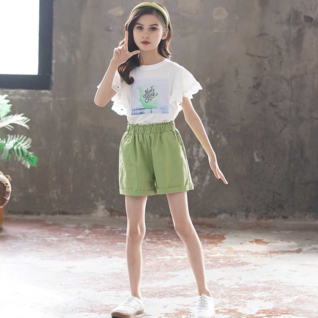 Girls Lace Sleeve Graphic Top With Shorts Set 2 pc. Sets Green 3-4 Y 