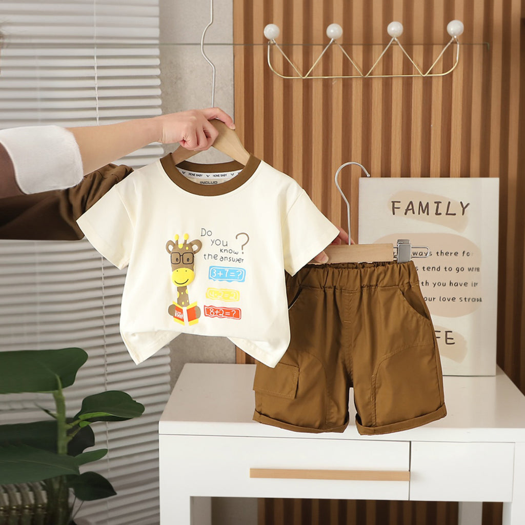 Boys Printed Short Sleeves T-Shirt with Brown Shorts Set Sets