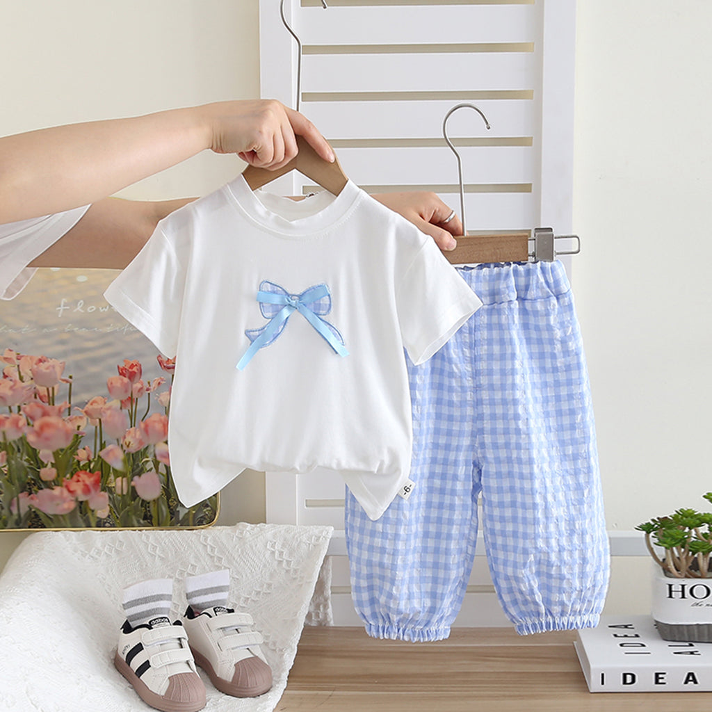 Girls Bow Patch T-Shirt With Light Blue Gingham Check Pants Set 2 pc. Sets Light Blue 1-2 Y
