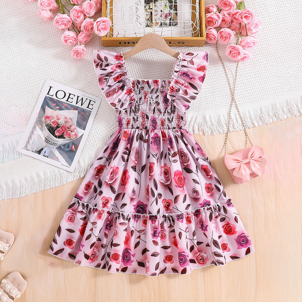 Girls Pink Rose Print Sleeveless Square Neck Fit & Flare Dress Casual Dresses