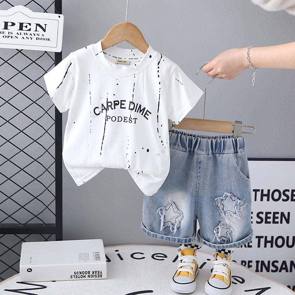 Boys White Short Sleeve Printed T-Shirt With Star Applique Denim Short Set 2 pc. Sets White 1-2 Y