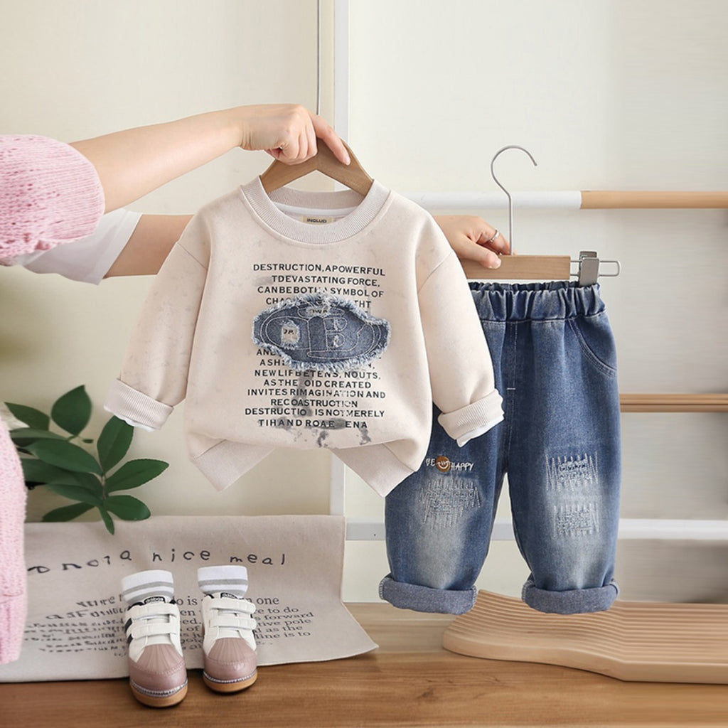Boys Beige Printed Round Neck Sweatshirt With Denim Trousers Sets 2 pc. Sets Beige 1-2 Y
