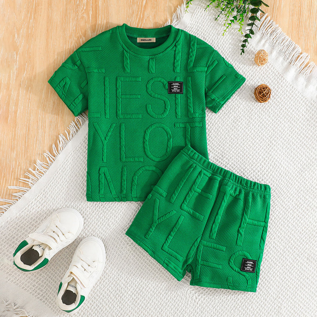 Boys Green Self Typographic Designed T-Shirt With Shorts Summer Co-ord Set 2 pc. Sets Green 3-4 Y