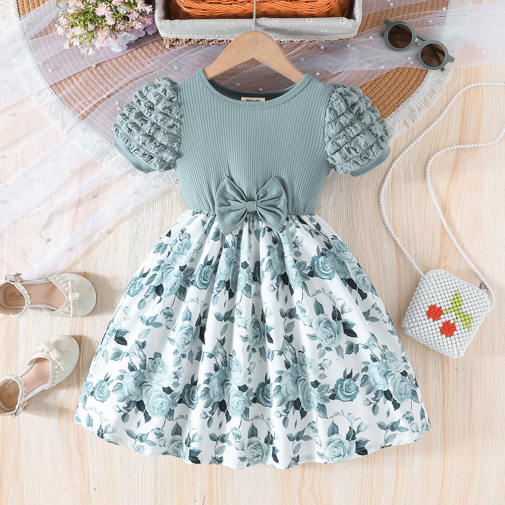 Girls Green Floral Printed Puff Sleeves Fit And Flared Dress Casual Dresses Green 3-4 Y