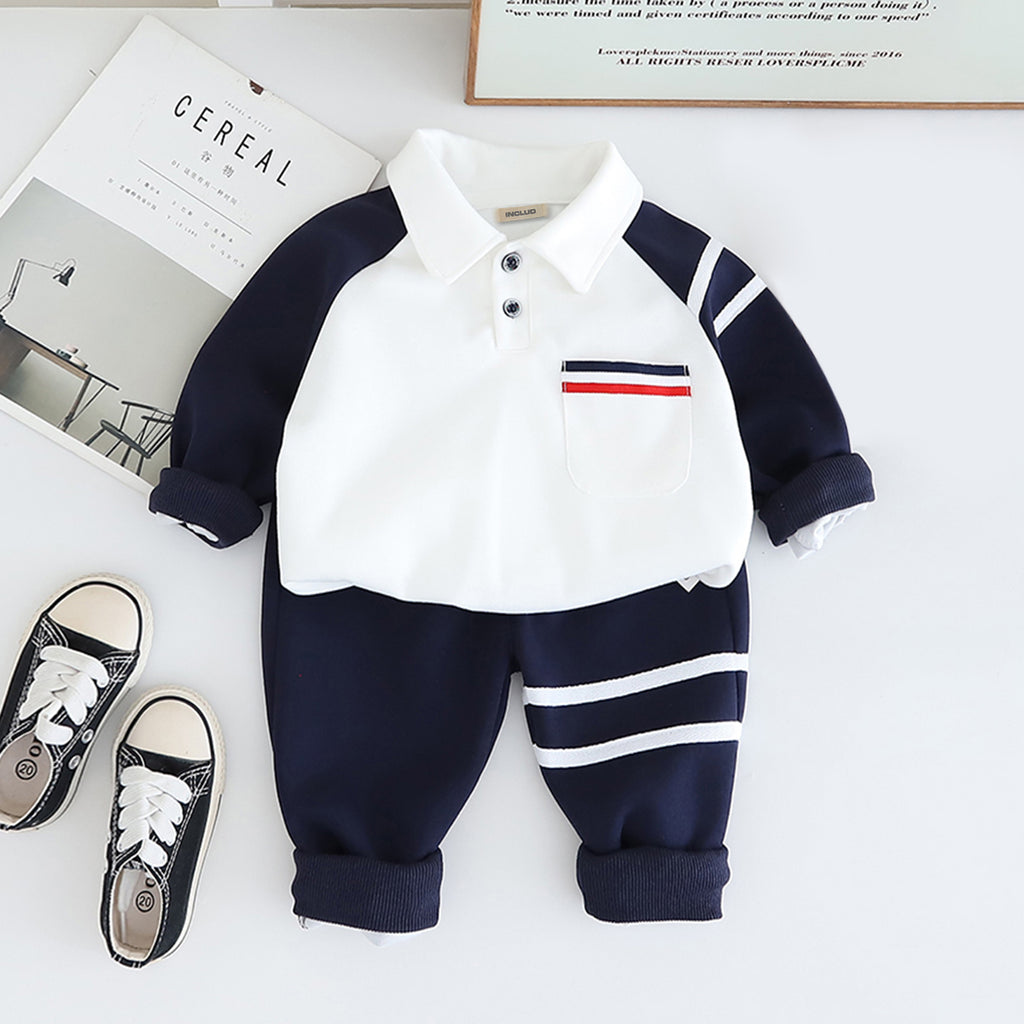 Boys Navy Blue Solid Polo Neck Sweatshirt With Pant Set 2 pc. Sets Navy Blue 1-2 Y