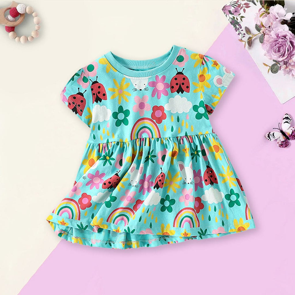 Girls Short Sleeve Floral Clouds Print Top Tops Green 1-2 Y 