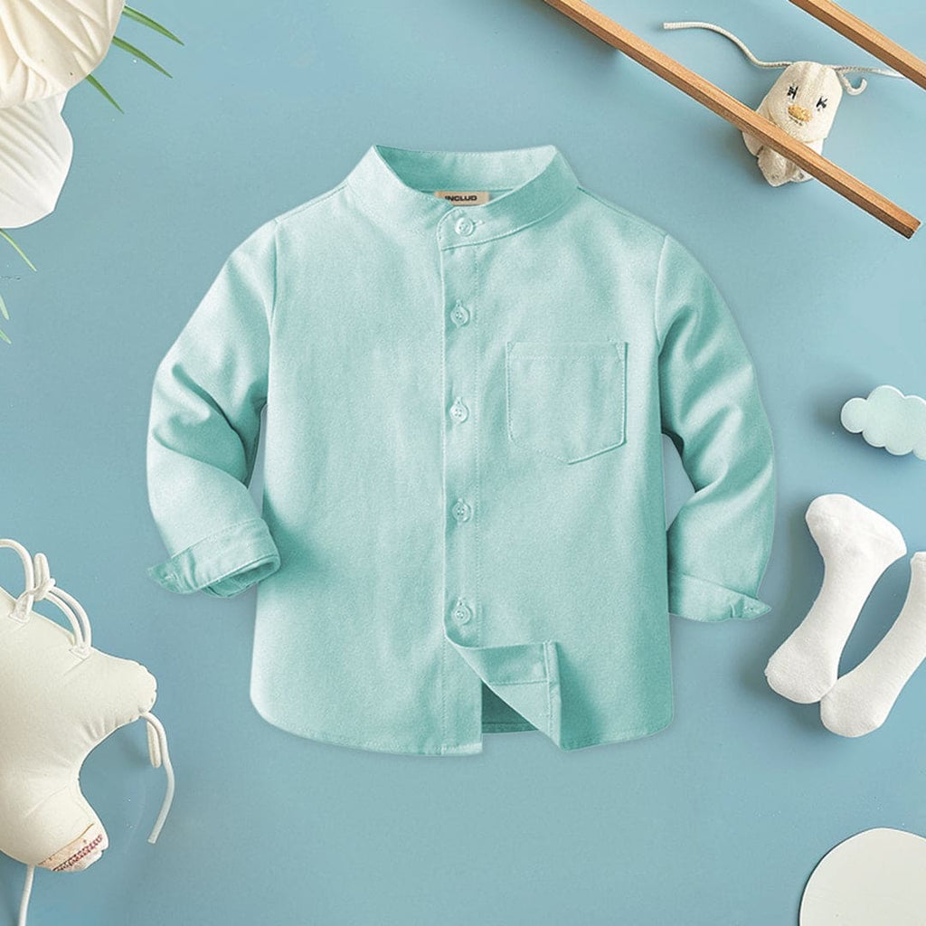 Boys Mandarin Collar Long Sleeves Shirt Shirts Green 1-2 Y 