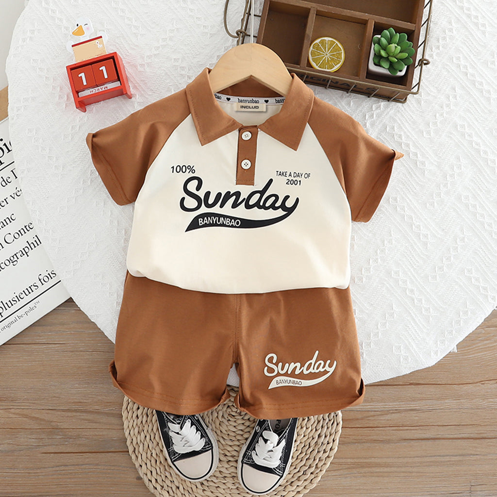 Boys Brown Raglan Sleeve Printed Polo T-shirt with Shorts Set 2 pc. Sets Brown 1-2 Y
