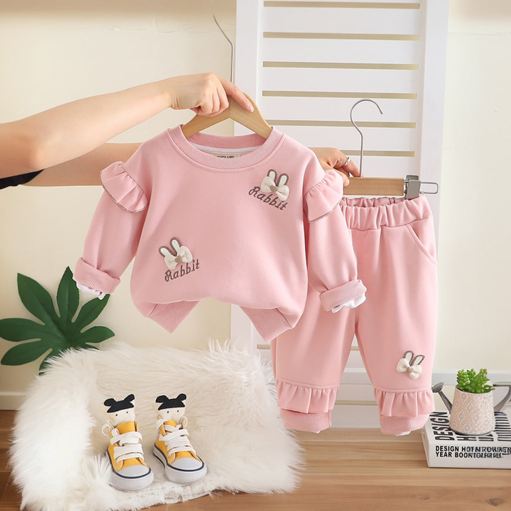 Girls Pink Rabbit Embroidered Sweatshirt With Pant Set 2 pc. Sets Pink 1-2 Y