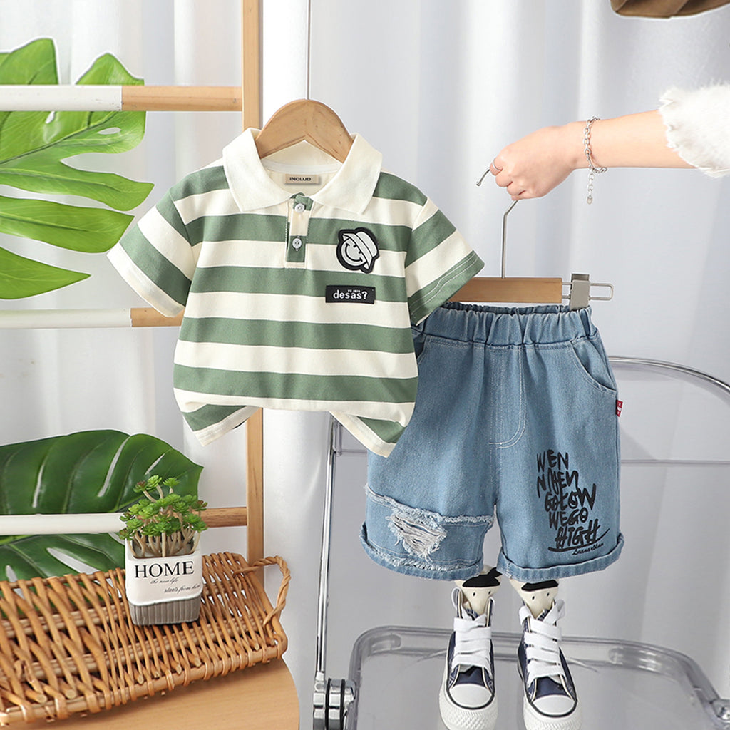 Boys Green Striped Polo T- Shirt With Printed Denim Shorts Set 2 pc. Sets Green 1-2 Y