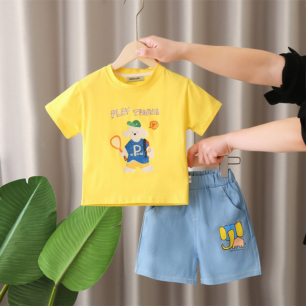 Boys Yellow Printed T-shirt with Printed Denim Shorts Set Sets Yellow 1-2 Y