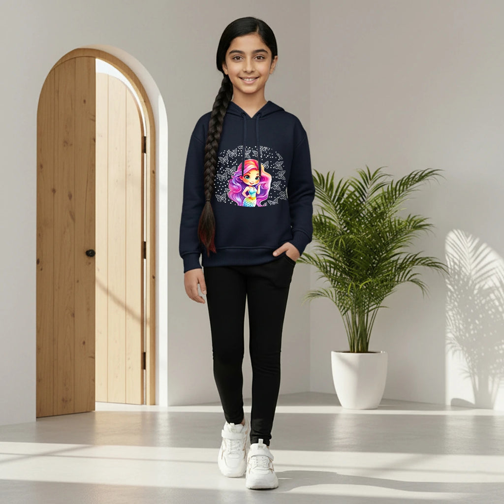 Girls Navy Blue Graphics Hooded Sweatshirt Sweatshirts & Hoodies Navy Blue 1-2 Y