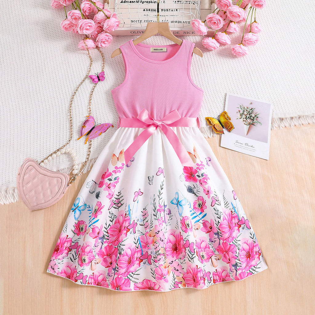 Girls Pink Floral Printed Fit And Flared Midi Casual Dress Casual Dresses Pink 3-4 Y