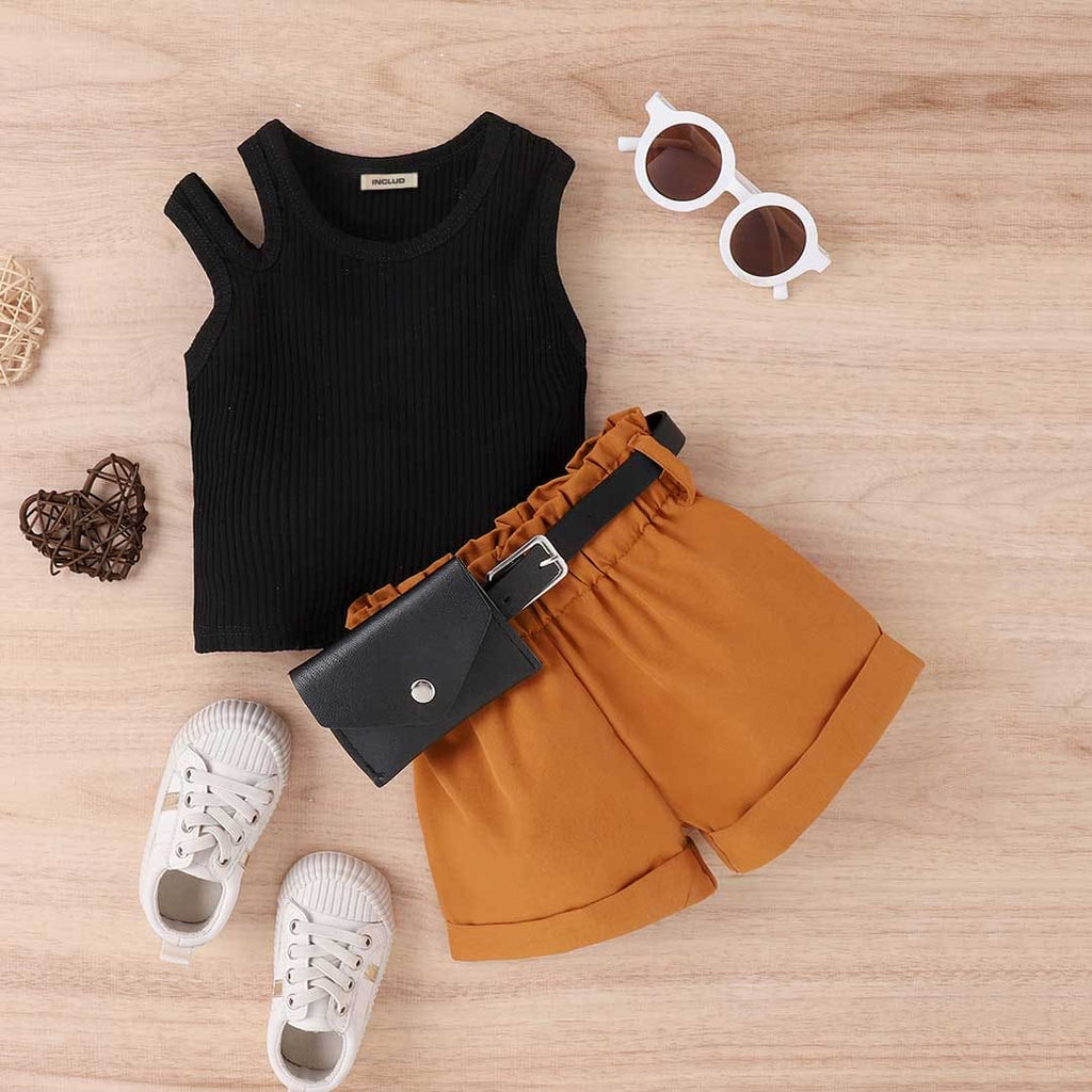 Girls Sleeveless Top With Shorts Set & Waist Bag Set 3 pc. Sets Black 1-2 Y 