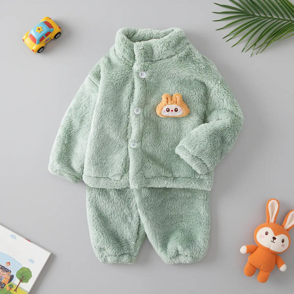 Boys Light Green Fleece Button-down Jacket With Jogger Co-ord Sets Sets Light Green 1-2 Y