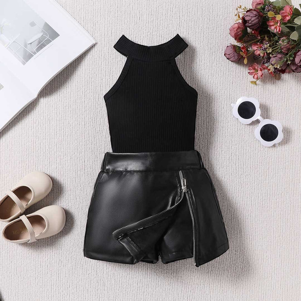 Girls Halter Neck Top With Faux Leather Skirt Set Sets Black 1-2 Y 